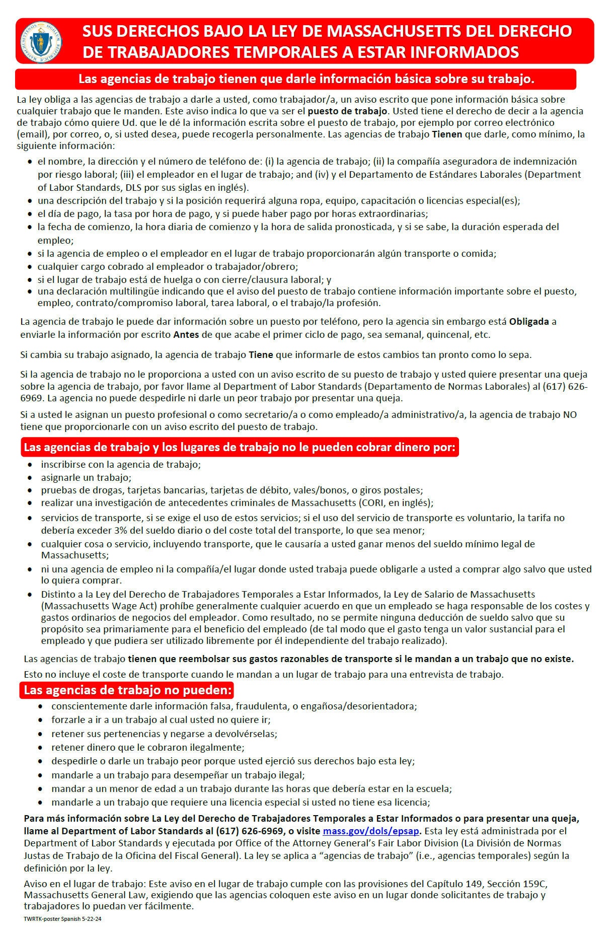 Image of MA Notice of Temporary Workers’ Rights - Spanish