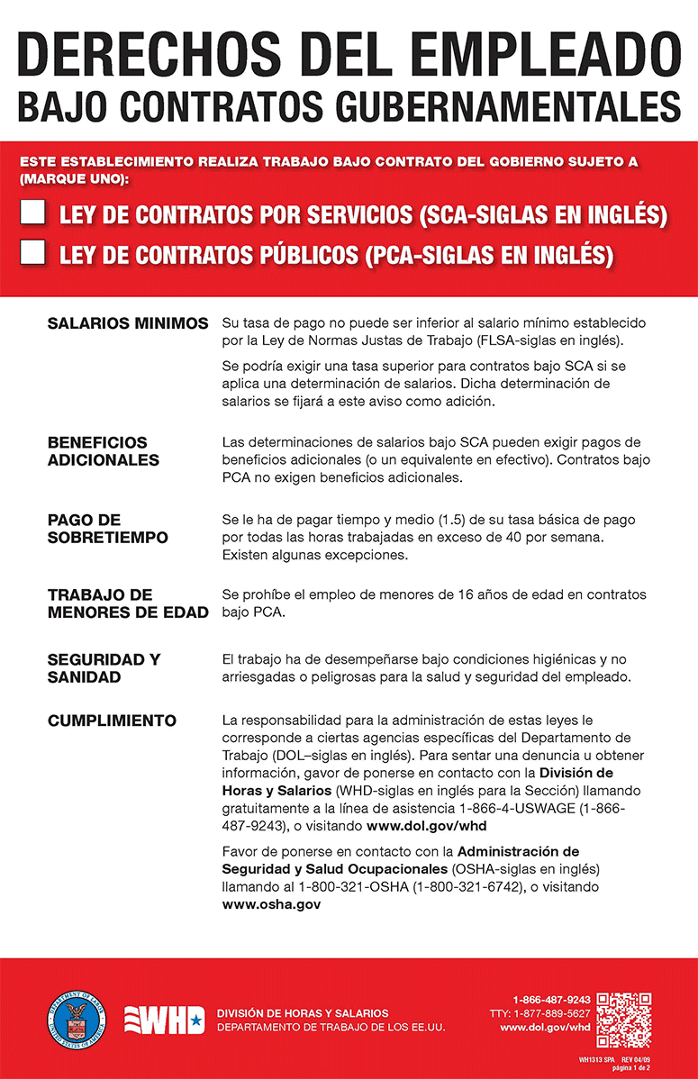 Image of Employee Rights on Government Contracts notice (SCA/FCA) - Spanish